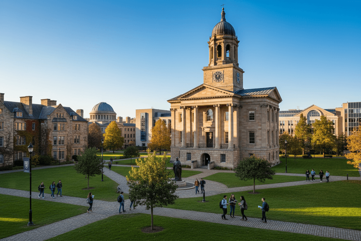 A historic sandstone university campus with a clock tower and students on the lawns